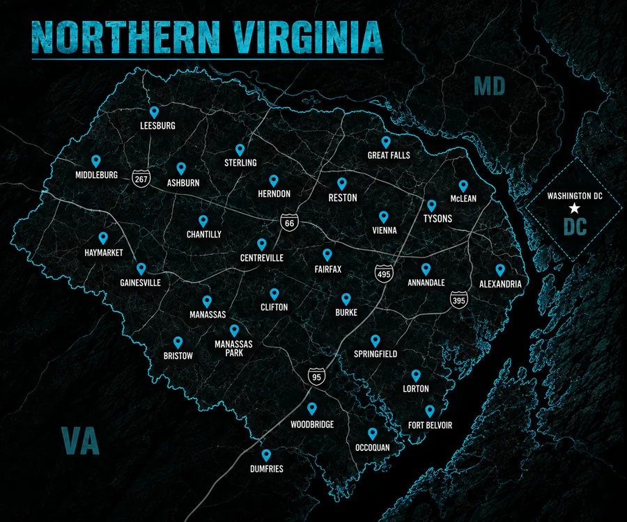 Map of the Northern Virginia area Skyline K9 serves, with locations marked at Leesburg, Middleburg, Sterling, Ashburn, Great Falls, Herndon, Reston, McLean, Tysons, Vienna, Chantilly, Centreville, Fairfax, Annandale, Alexandria, Haymarket, Gainesville, Manassas, Manassas Park, Clifton, Burke, Bristow, Springfield, Lorton, Woodbridge, Occoquan, Fort Belvoir and Dumfries