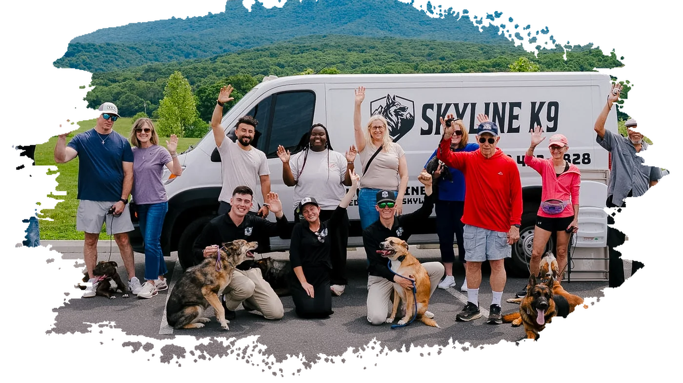 The Skyline K9 team and client dogs in front of the Skyline K9 van, Shenandoah Valley
